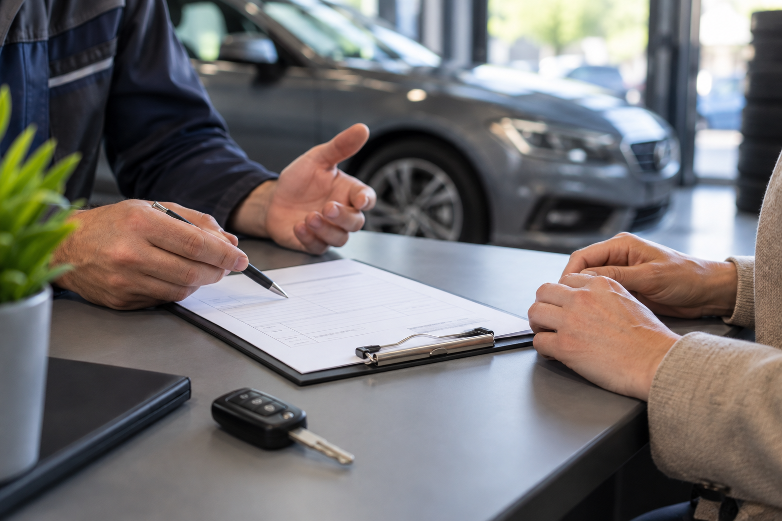 Onderhoudsformulier en autosleutel op een bureau
